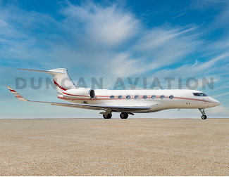 Newly painted Gulfstream 650 in white with sleek red striping by Duncan Aviation