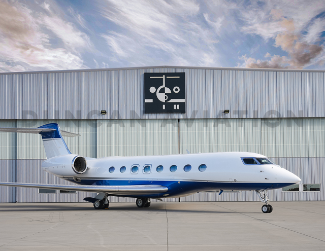Exterior of newly painted Gulfstream 650 aircraft outside a Duncan Aviation hangar