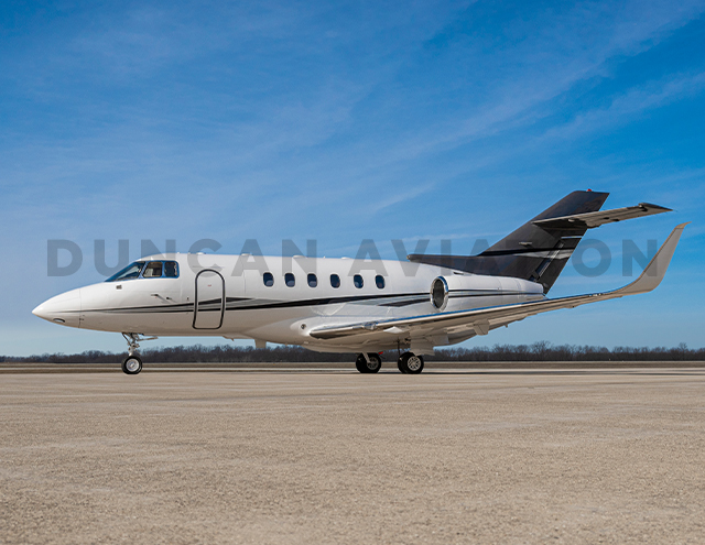 Exterior paint of Hawker 800 in white with black and gray accent stripes